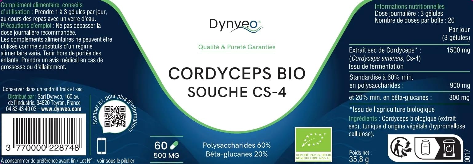 Cordyceps Sinensis Bio - Champignon vegan issu de fermentation végétale - Extrait concentré 60% polysaccharides & 20% bêta-glucanes - 500mg / 60 gélules - Souche CS-4 - Qualité Premium - Dynveo