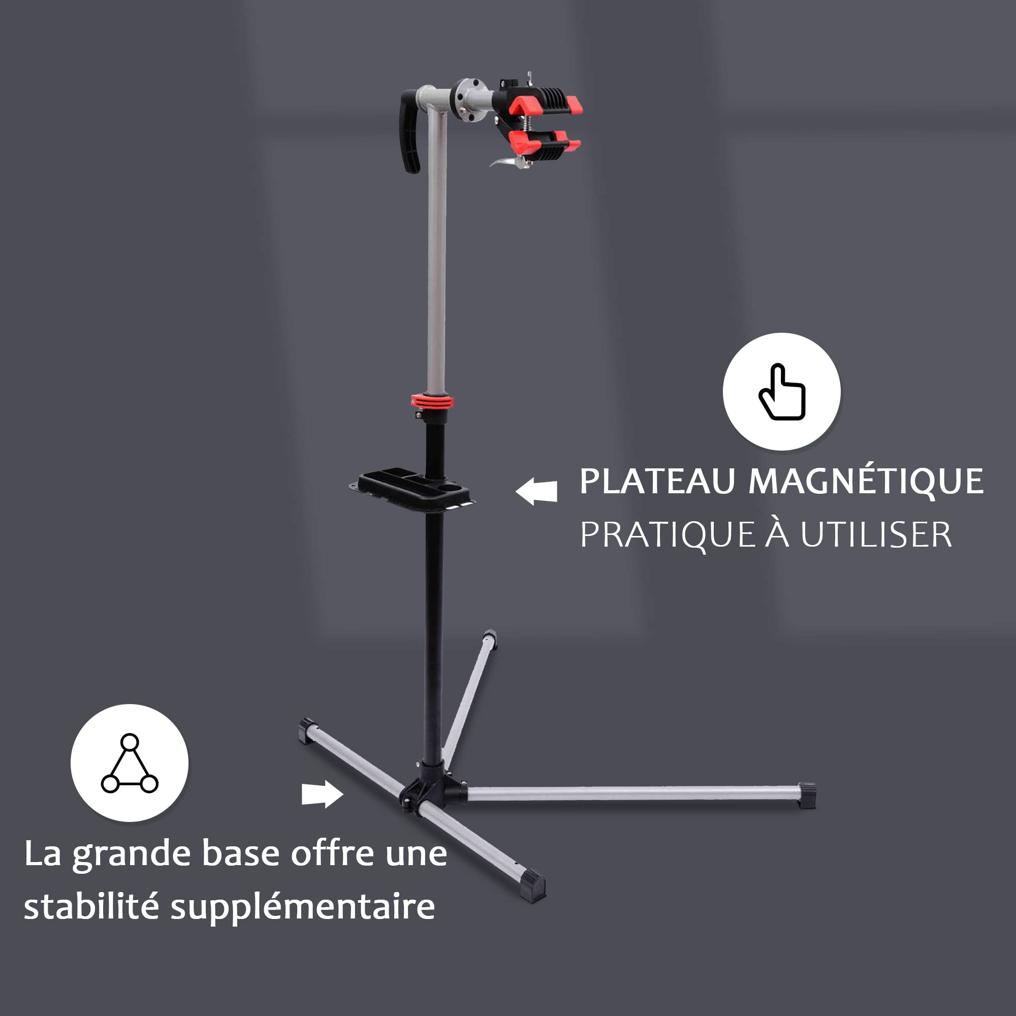 HOMCOM Pied d'Atelier Vélo Support de Réparation Professionnel, Charge 30kg pour VTT - Stand de Montage Pliable avec Plateau à Outils - Hauteur Réglable 180cm et Pince Rotative 360, Gris Noir