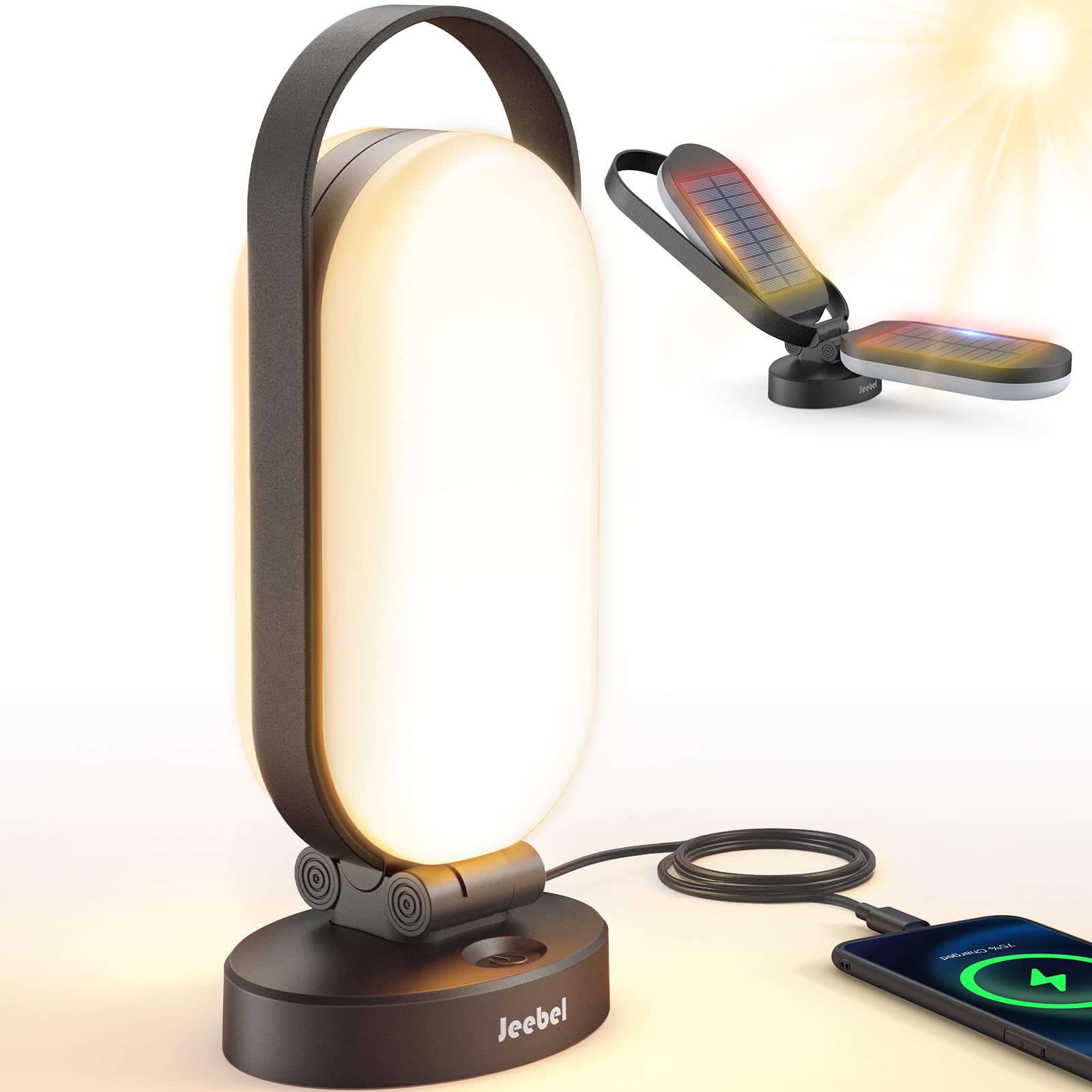 Jeebel Lámpara de Camping Solar, Linterna LED Recargable Plegable con Batería Externa 5000mAh, Regulable Toque, 4 Modos, IP55, Luz para Tienda de Exterior/Excursión/Urgencia/Corte de Corriente (Negro)