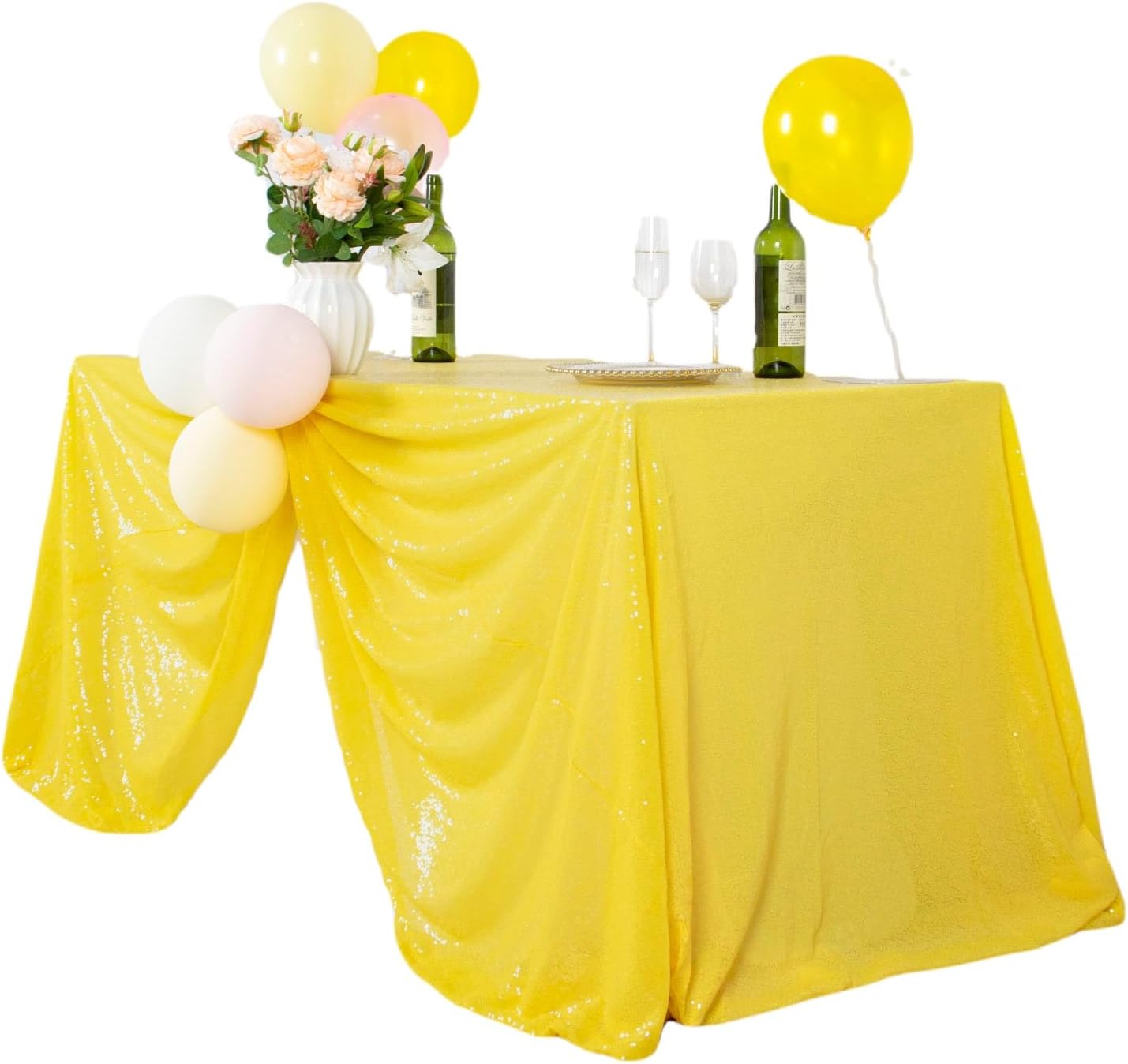 DUOBAO Sequin Tablecloth 90x132 Inch Yellow Tablecloths for 8ftx6ft Table Sequin Cloth Overlay Decorative Tables Cloth Rectangle Birthday Decorations(90x132-Inches)