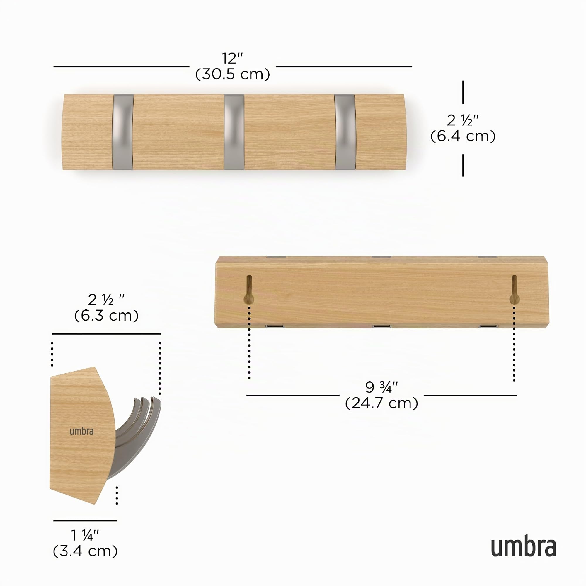 Umbra Appendiabiti da Parete a 3 Ganci, Moderno, Elegante, salvaspazio, con 3 Ganci retrattili per Appendere Cappotti, Sciarpe, Borse e Altro, Naturale