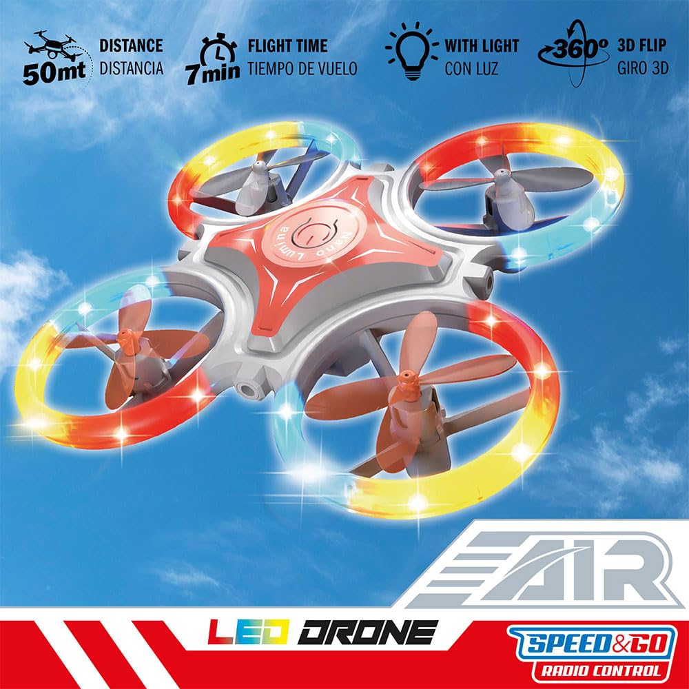 ColorBaby 41865 Speed & Go Dron teledirigido, Luz LED, Mide 12x12 cm, Giro 360°, Alcance 50 Metros, Tiempo Vuelo 7 min, 2.4 GHz, Carga USB, RC, Vehículos radiocontrol, Juguetes niños 8 años