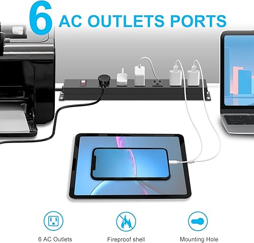 Miniatura 2 de Regleta de alimentación metálica de 6 tomacorrientes, toma de corriente resistente con interruptor, casa de aleación de aluminio, cable de