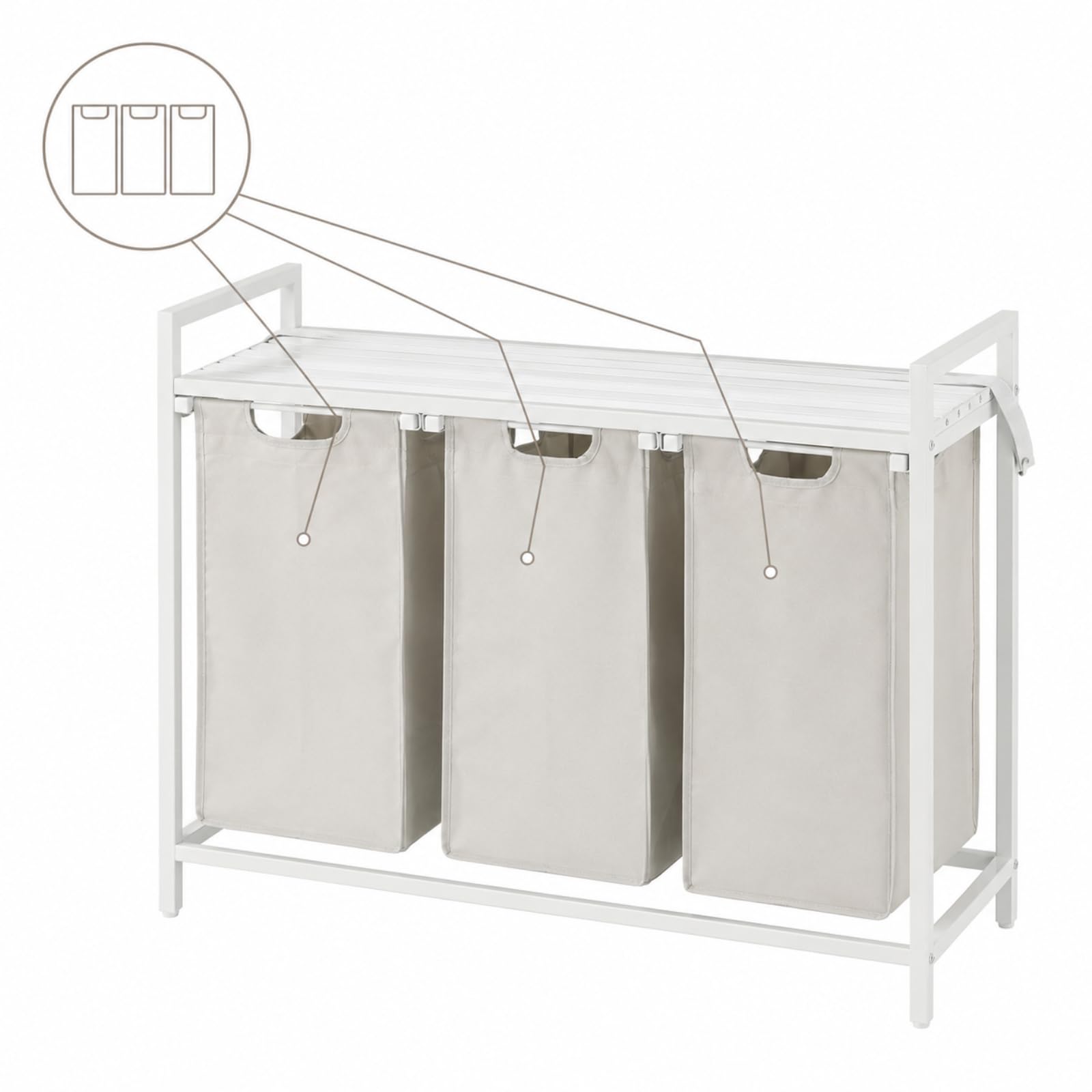 Wäschesammler 3 Fächer 114 L, Wäschekorb mit Ablage, 3 x 38 L, Sortierkorb aus Stoff, MDF und Metall, Weiß mit beigen Fächern, 92,5 x 33 x 71 cm