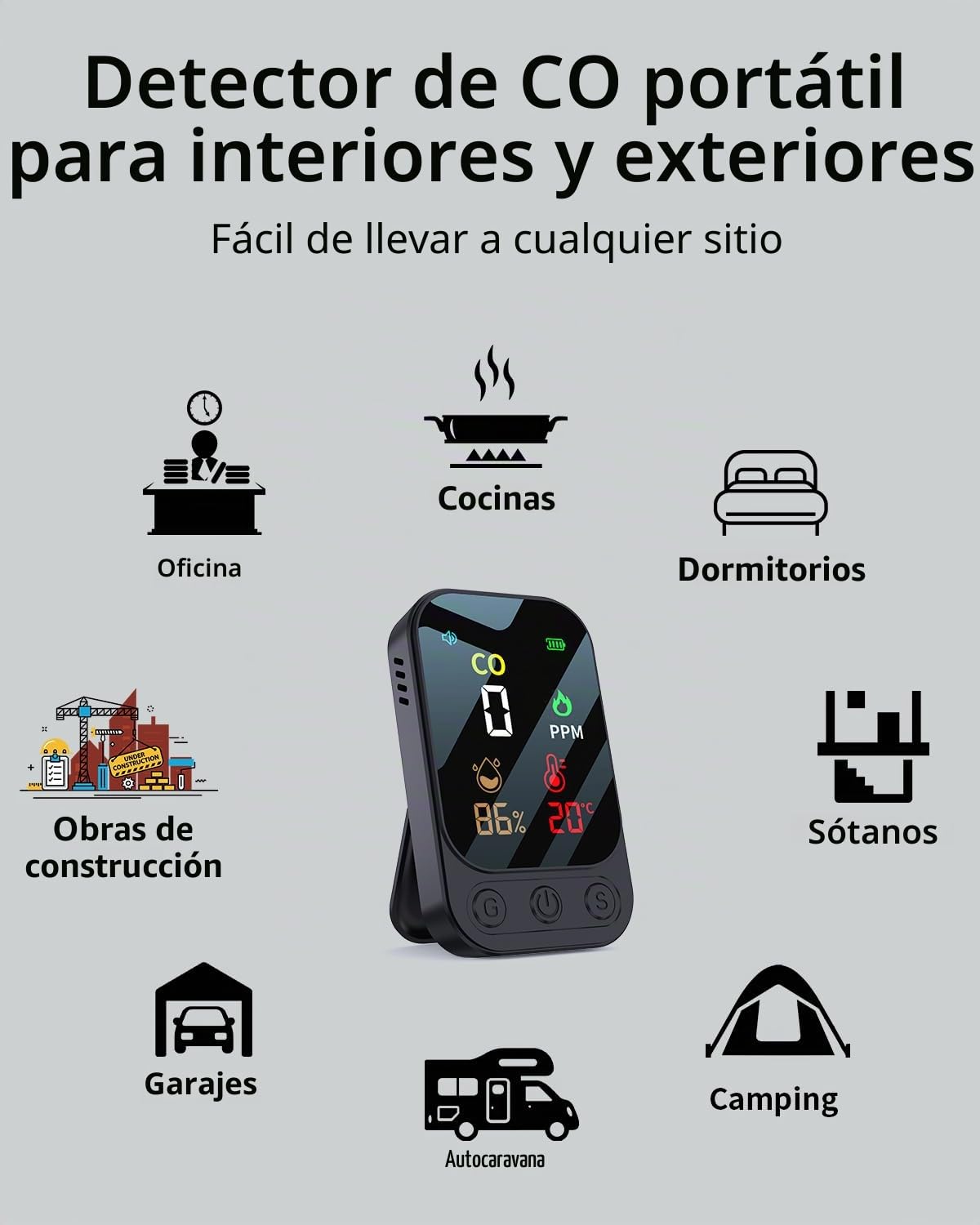 Detector de monóxido de carbono portátil 3 en 1, detector de monóxido de carbono recargable con indicador de temperatura y humedad, portátil para el hogar, caravana, camping, negro (negro)