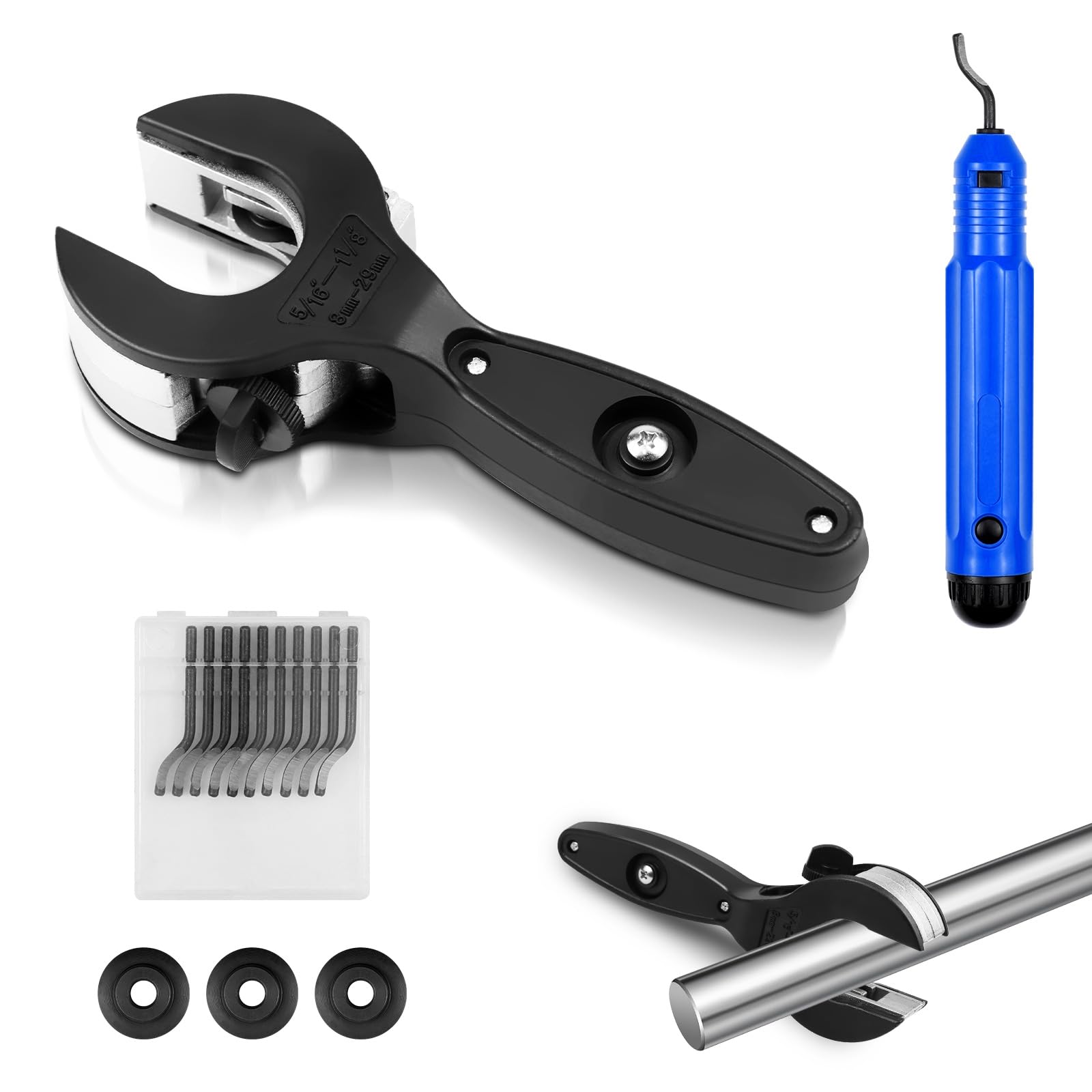 Cortatubos Cobre, Cortador de Tubos de Tipo Trinquete, 8-29mm Cortador de Tuberías con 3 Discos de Corte de Repuesto y Desbarbador Metal, para Cobre, Aluminio, Acero Inoxidable, Plástico