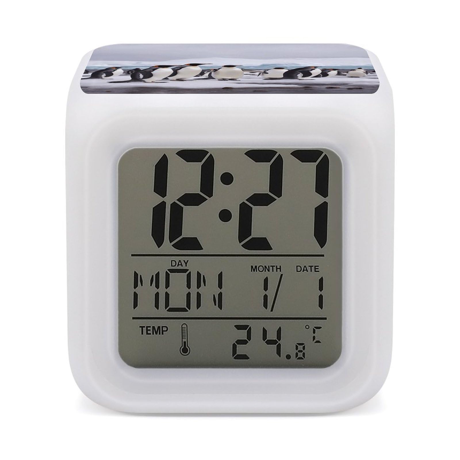 VstaDank Antarctica Penguins Alarm Clock with 7 Color Changing Night Light Date Temp Display Wake Clocks LED Display Digital Clock Electric Desk Clocks for Living Office Bedroom Decor