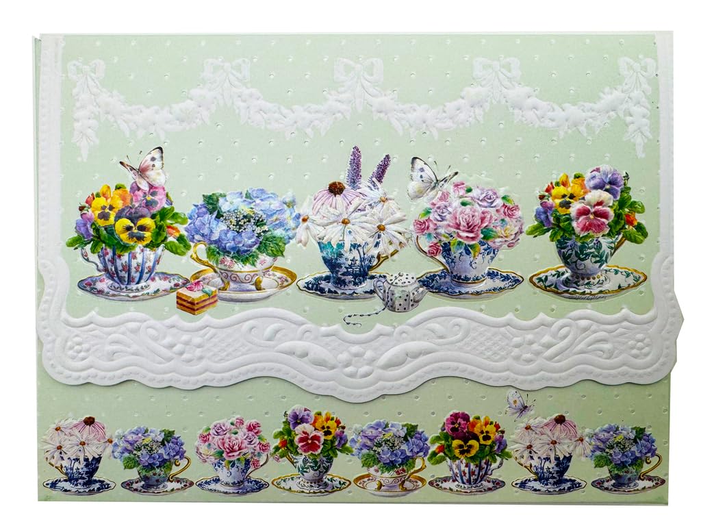 Poster Foundry Pansy Teacups Boxed Note Cards by Carol Wilson. 10 embossed 4x5 Die-Cut Notecards and Matching Envelopes in Decorative Gift Box with Magnetic Flap. NCP2105