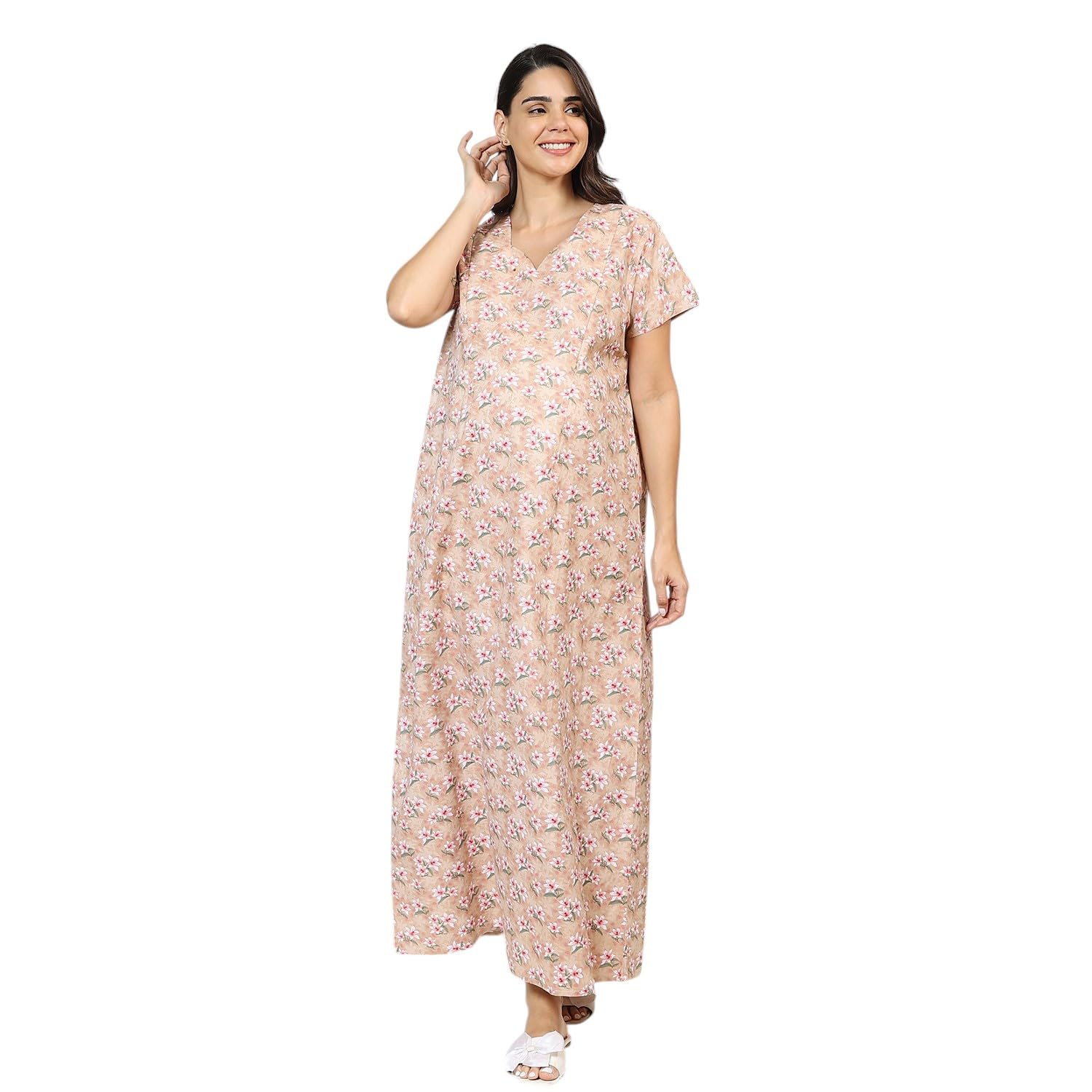 Women's Cotton Maxi Maternity Nighty/Feeding Nighty/Pregnancy Night Gown/A-Line Nursing Nighty with Zippers for Nursing Pre and Post Pregnancy (Latte Beige ; Free Size)