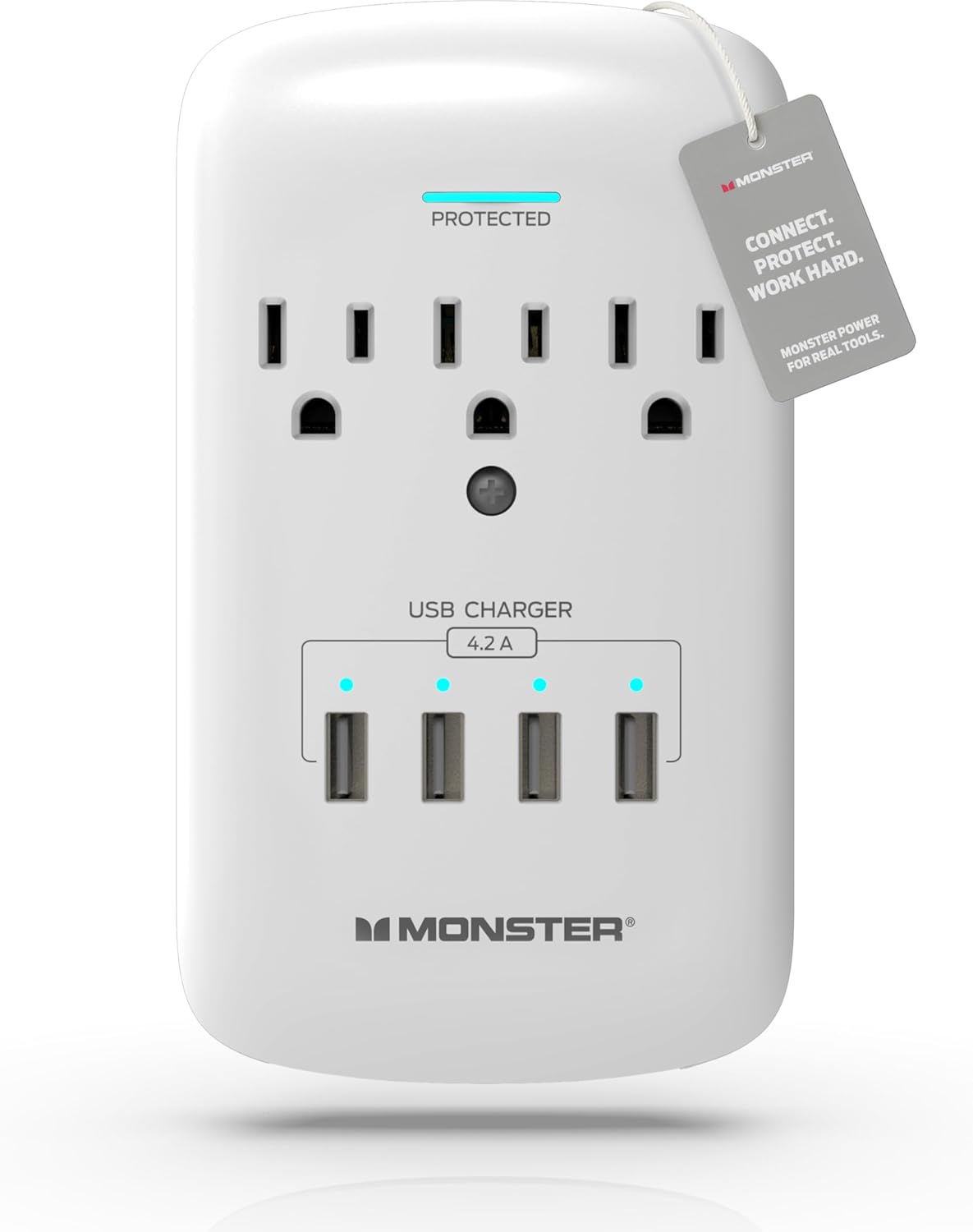 Monster 5015W Surge Protector Power Strip, 3 Outlets, 4 USB Ports, 120V, 4.2A, Type B Plug, 300 Joules Surge Protection, White