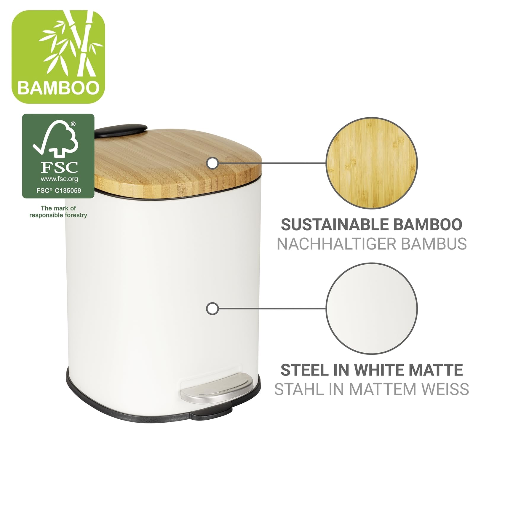 WENKO Poubelle à pédale Mod Fianema seau cosmétique 3L blanc Easy-Close avec couvercle en bambou métal plastique 17 x 23,5 x 21 cm noir naturel