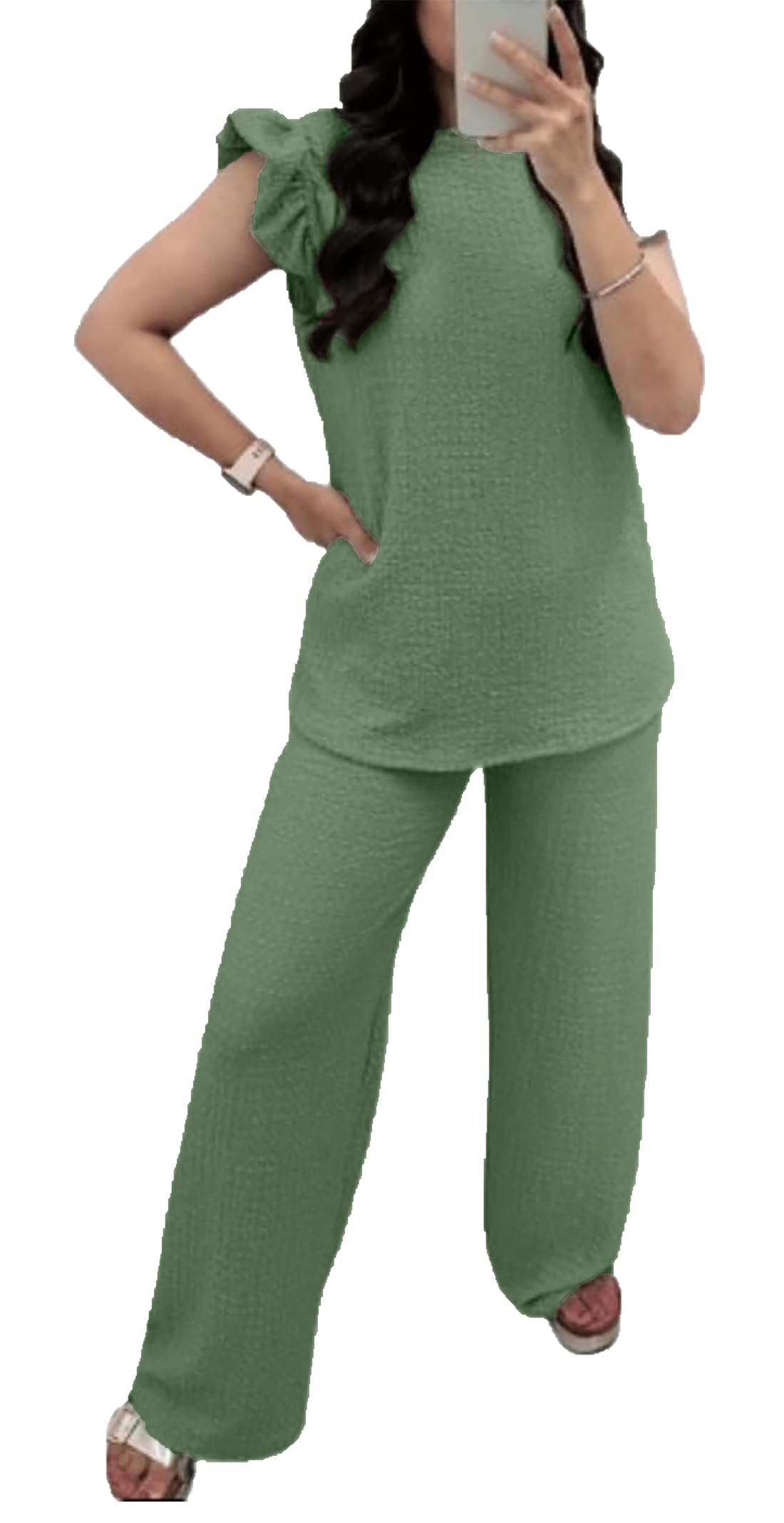 FAIRY BOUTIQUE Womens Pop Corn Tops and Trousers Set Ladies Co ord 2Pcs Loungewear Tracksuit Flared Trousers Bottom and Frill Sleeve Top Set (Khaki UK 16-18)