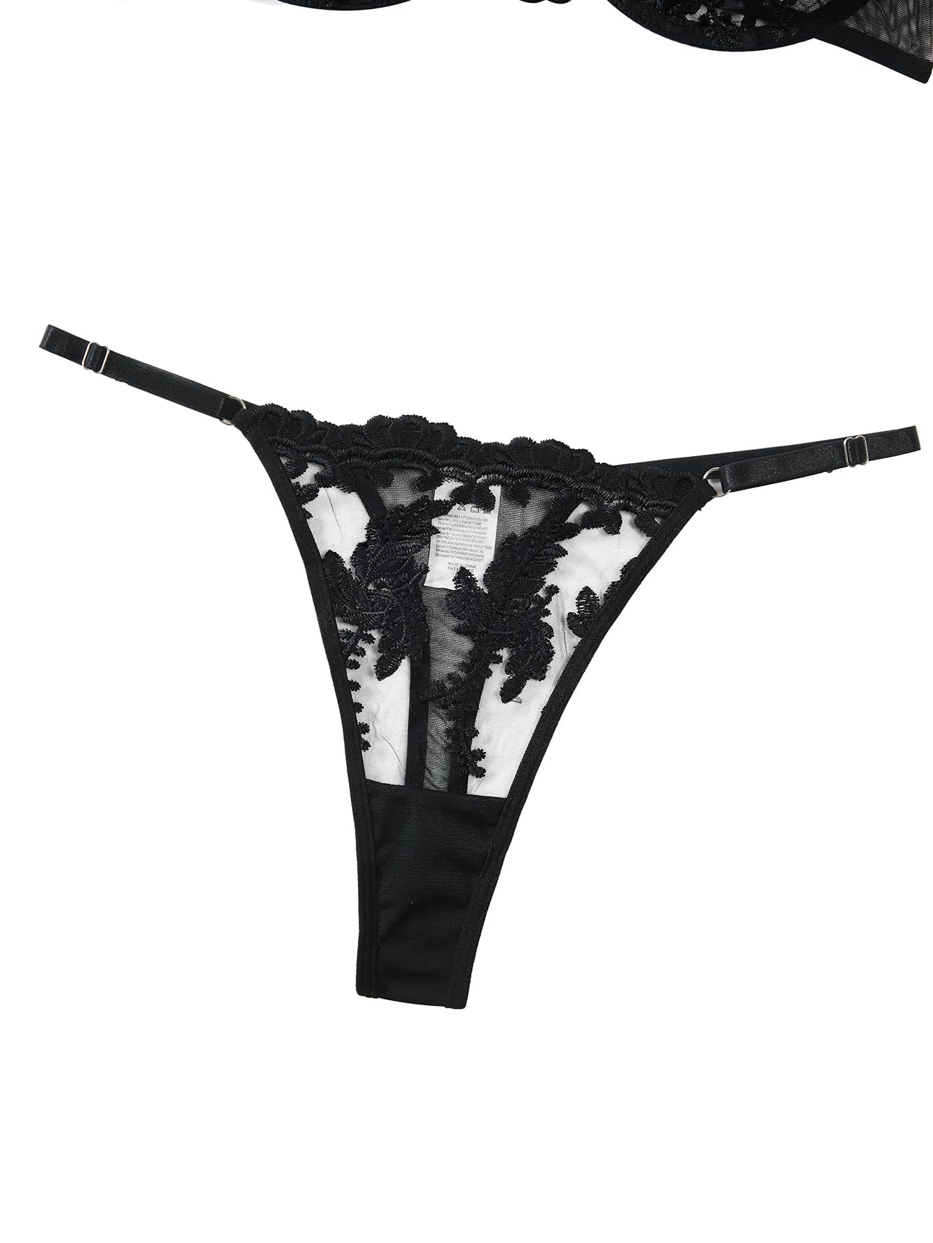 Lilosy Sexy Leaf Floral Embroidered Mesh Sheer Women Underwire Push Up Lingerie Set: Large Pattern Black
