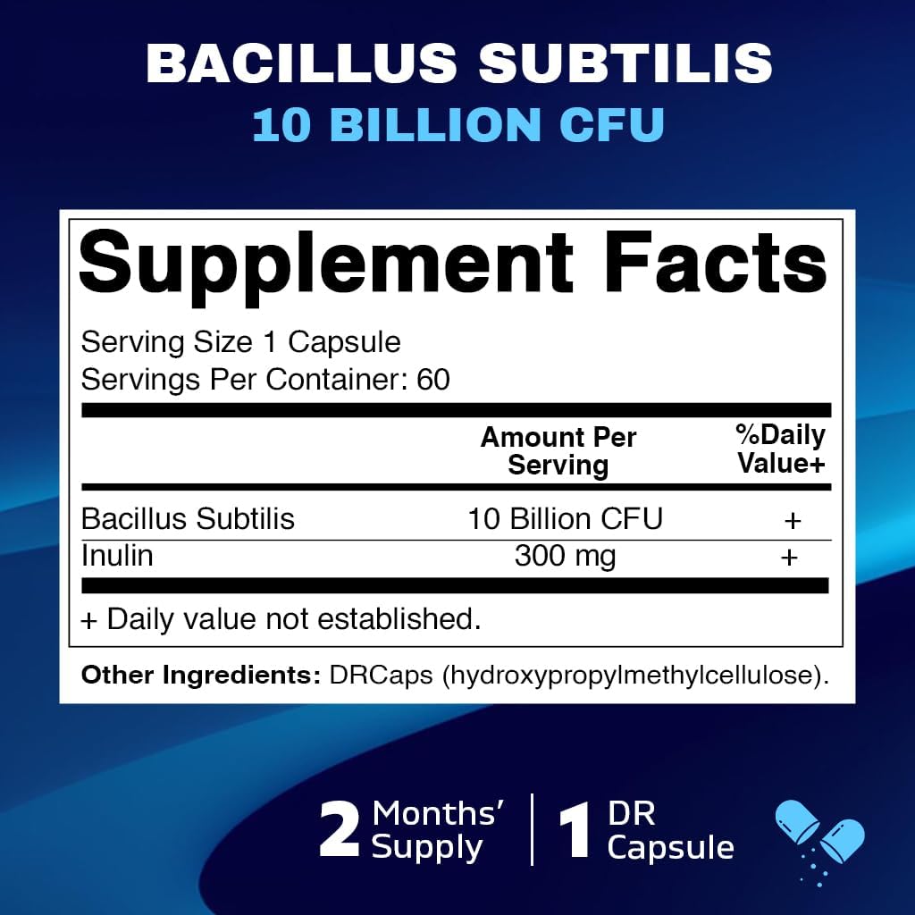 Vitamatic Bacillus Subtilis 10 Billion per DR Capsule - 60 Count - Digestive, Gut & Immune Health Support - Made with Prebiotic Inulin Fiber (Pack of 2)