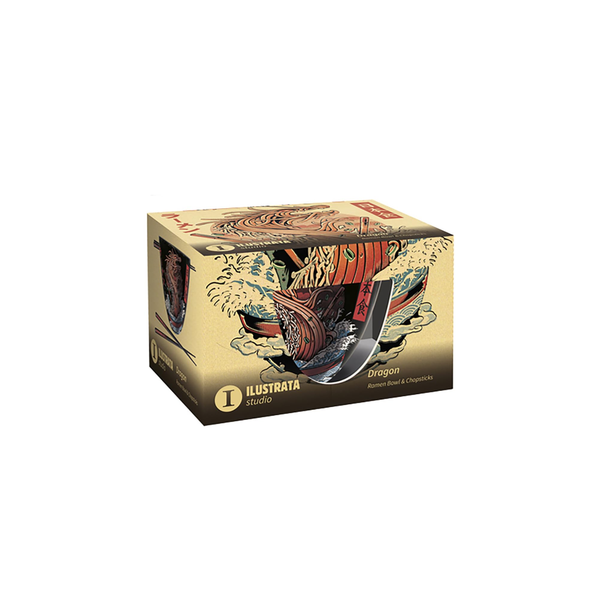 Ilustrata Ramen-Schüssel-Set mit Essstäbchen (Drachen-Design) in Geschenkbox – Offizielles Merchandise-Produkt, Rot (Packung mit 2)