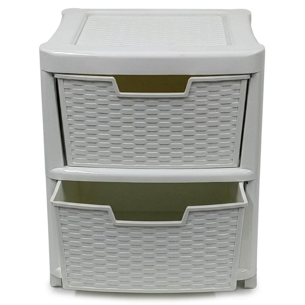 Kaanco Large Plastic Storage Drawers Rattan Effect Storage Unit Tower Space Saving Plastic Drawers for Bedroom Office Kitchen Laundry Bathroom Clothes Toy Home Organisation (2 Tier Rattan Cream) โ image 1