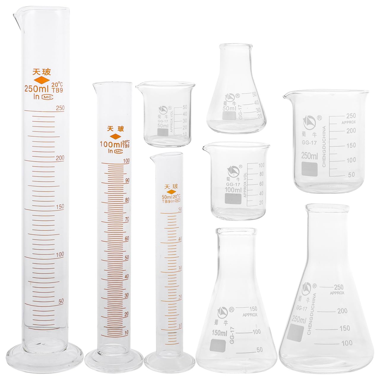 Laboratory Glassware Set 9 Pieces Including Beakers Graduated Cylinders and Conical Flasks for Chemistry Education Research and Experimental Projects 2Oz 4Oz 8Oz