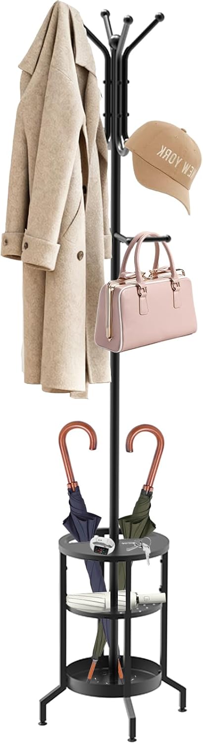 Coat Rack with Umbrella Holder, Coat Rack Freestanding, Metal Coat Tree with 12 Hooks, Modern Coat Hanger Stand for Entryway Living Room Bedroom Office