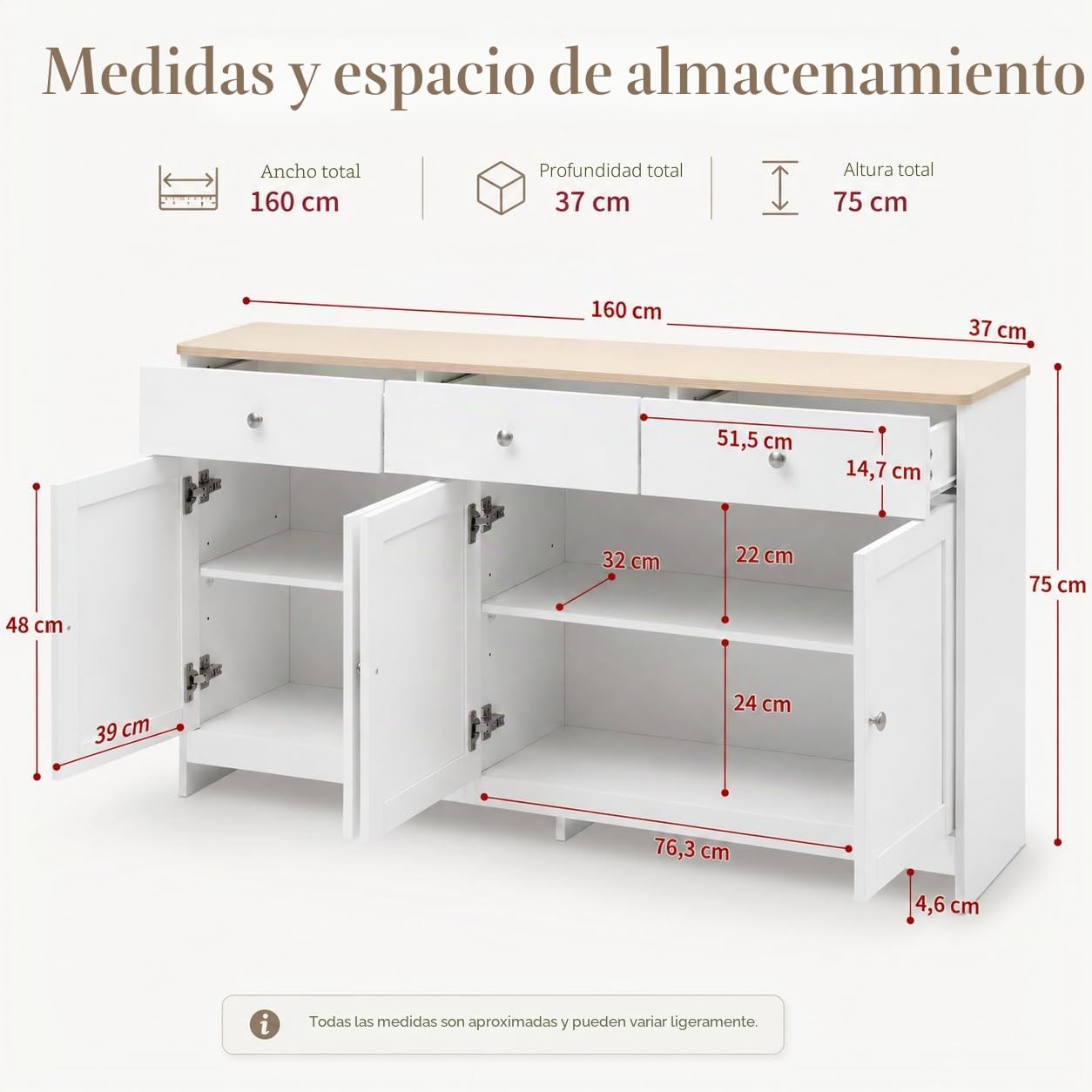 Aparadores para Salon, Aparador Blanco, Aparador Madera, Aparador Comedor, Alacena De Cocina, Armario Buffet con 3 Cajones Y 4 Puertas, Aparadores para Salón Entrada Comedor, 160 x 37 x 75 cm