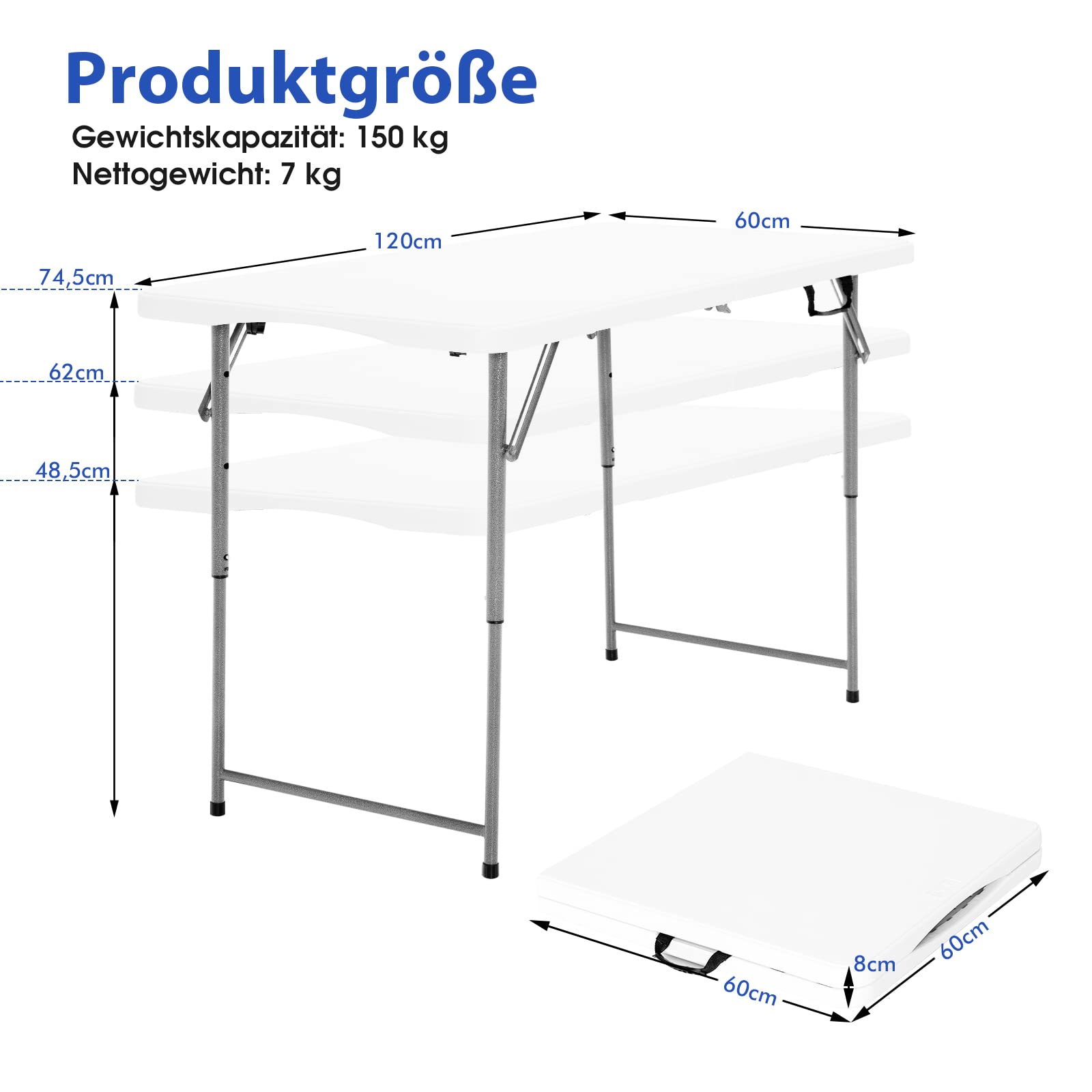 COSTWAY Campingtisch höhenverstellbar, tragbarer Klapptisch, klappbarer Gartentisch mit Tragegriff, für Camping, Hochzeit, Party, 120 x 60 x 74,5 cm