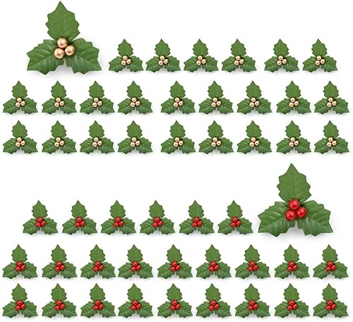 HAIOPS Bayas de acebo con hojas verdes 50 flores de bayas falsas para corona de Navidad velas flotantes para decoración de fiestas rojo y dorado