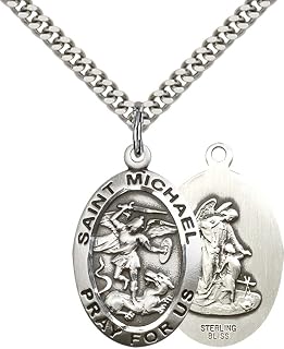 F A Dumont Sterling Silver 1 x 5/8-inch St. Michael the Archangel Pendant for Men or Women on a 24-inch Light Rhodium Heavy Curb Chain