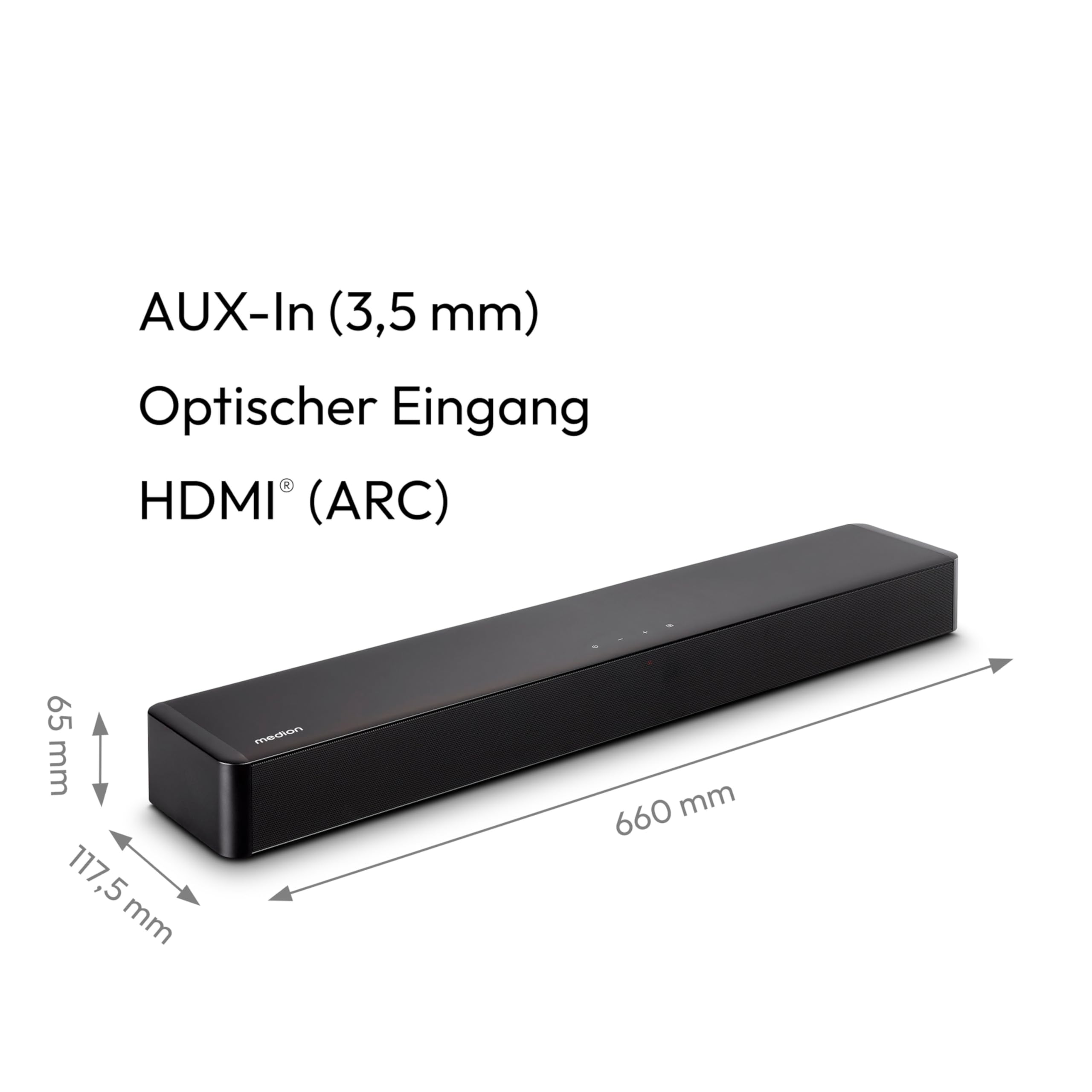 MEDION P61155 2.0 Soundbar mit Bluetooth (inkl. Fernbedienung, Touch-Steuerung, HDMI (ARC), AUX, optischer Eingang, 2 x 30 W RMS)