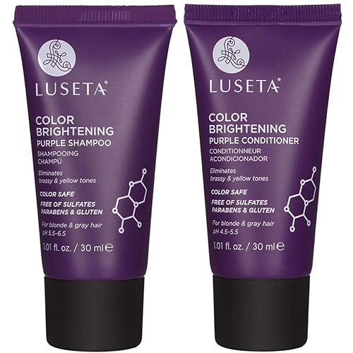 Miniatura 1 de Luseta Color Brightening Purple Champú y acondicionador Kit de viaje para cabello rubio y gris, infundido con aceite de coco nucifera para ayudar a