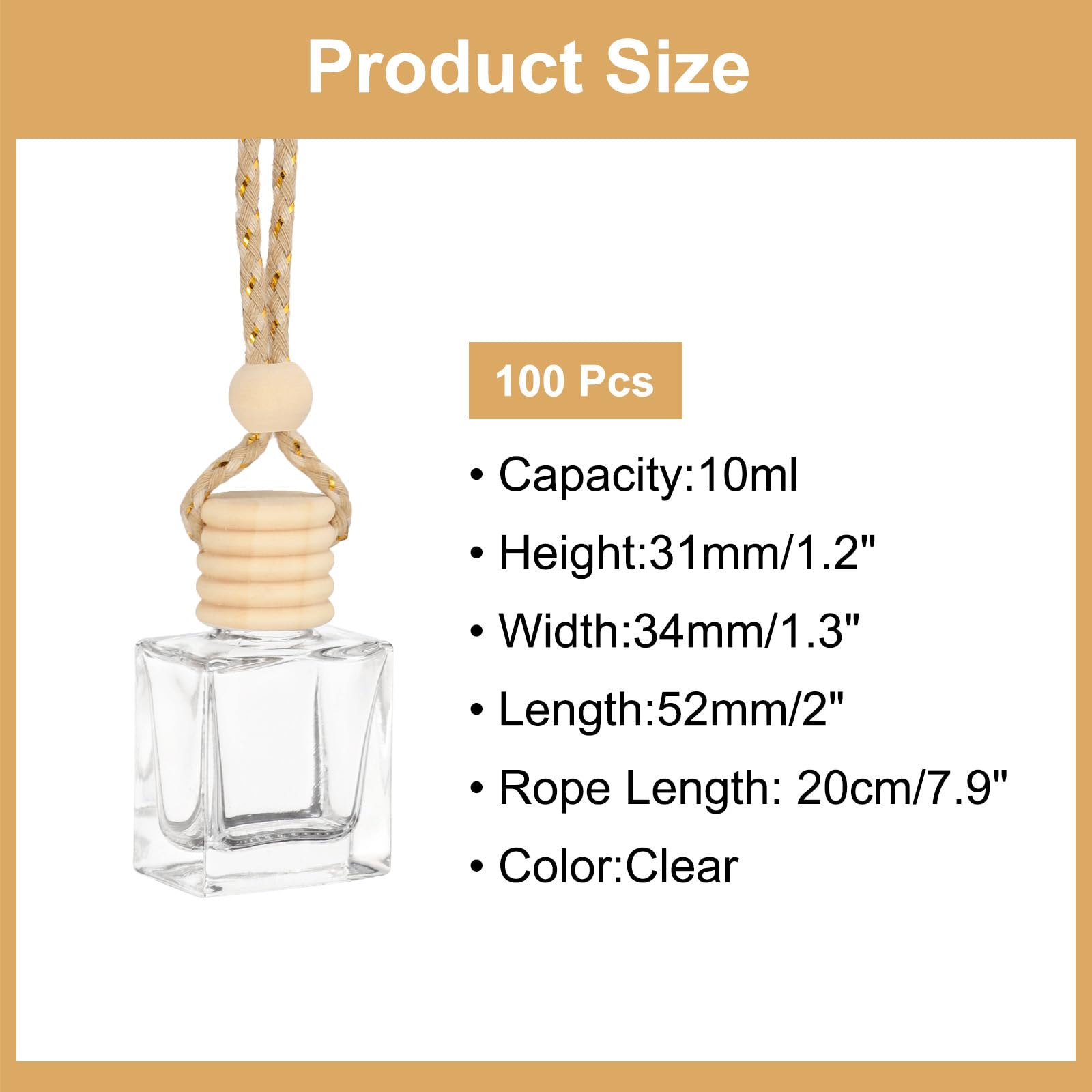 QUARKZMAN 100Pz Appendiabiti Per Auto Profumato Bottiglia Vetro Vuota, 10ml Pendente Vetro Trasparente Diffusore Oli Essenziali Aromaterapia Con Tappo Legno (Trasparente, Quadrato)
