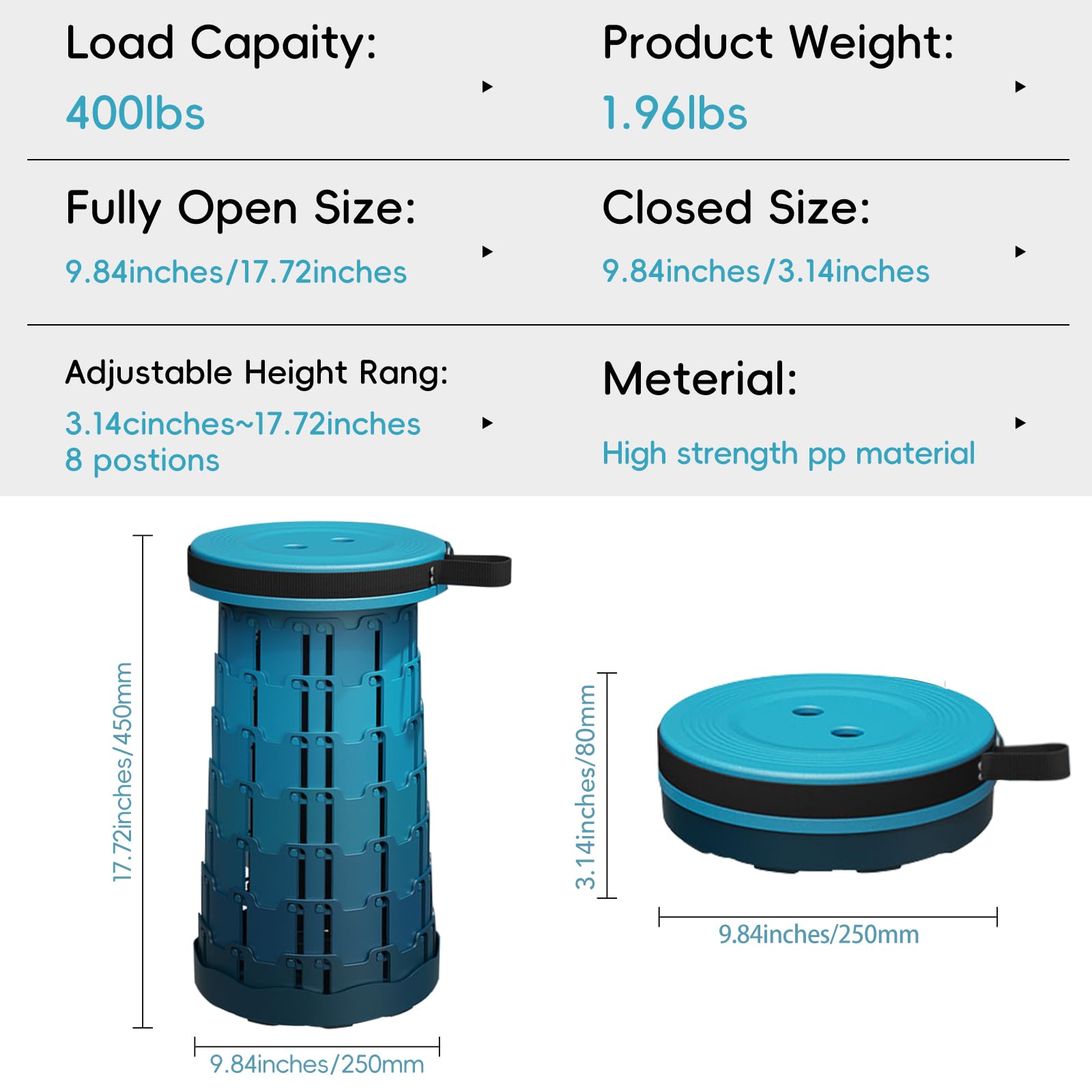 fanivshi Upgraded Collapsible Stool with Load Capacity 400lbs and Folding Portable Retractable Telescoping Foldable Camping Stool for Adults Outdoor Camping Fishing Hiking Carrying Straps(Blue).