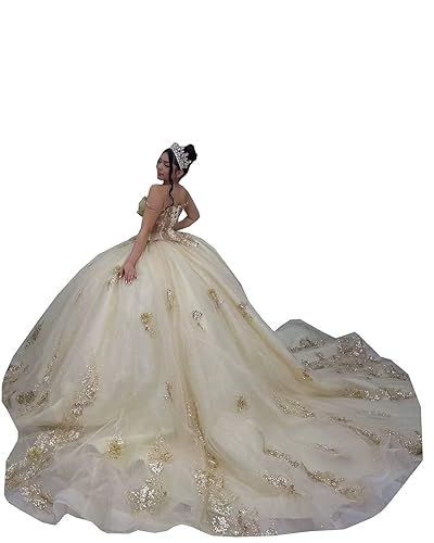 Stunning Gold Embellishment Sequins Crystal Ball Gown Wedding Bridal Quinceanera