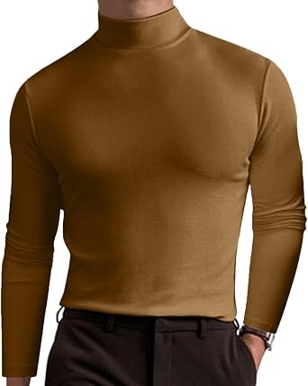 Mens Casual T-Shirts Turtleneck Knitted Athletic Tops Solid Color Long Sleeve Tees Lightweight Stretch Basic Gym Tops