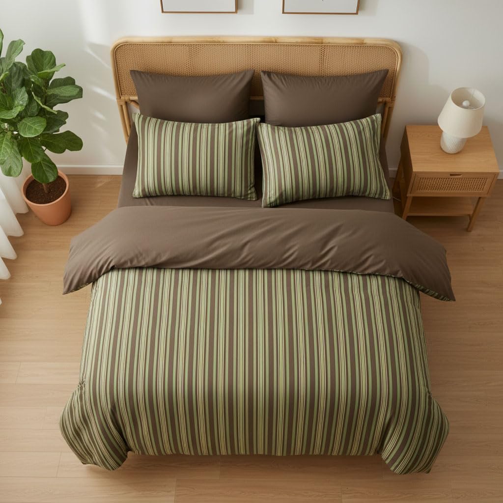 Covebett Green Striped Duvet Cover King Green and Brown Stripe Reversible Bedding Set 3pcs Modern Microfiber Comforter Cover 220x230 cm with Zipper Closure and 2 Pillowcases 50x75 cm