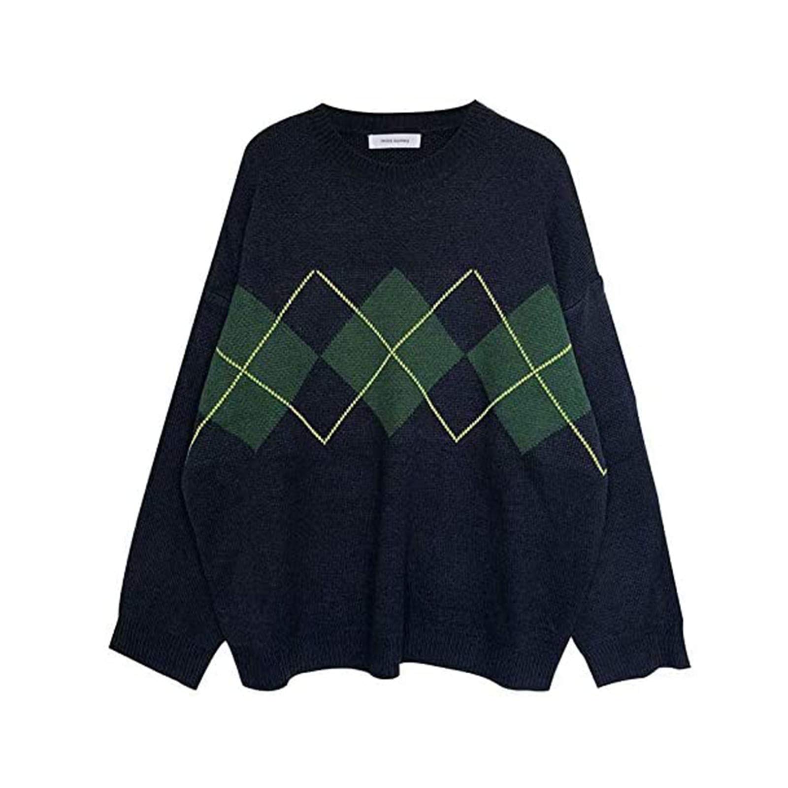 Huachaoxiang Autumn and winter sweater College style geometric diamond pattern loose sweater round neck sweater knitted women's round neck