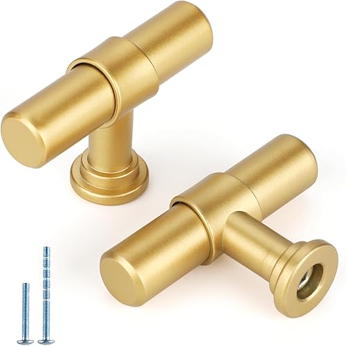 Rergy Paquete de 10 pomos para gabinete, pomos dorados cepillados, pomos de gabinete de cocina, pomos de latón cepillado, pomo de barra en T de un