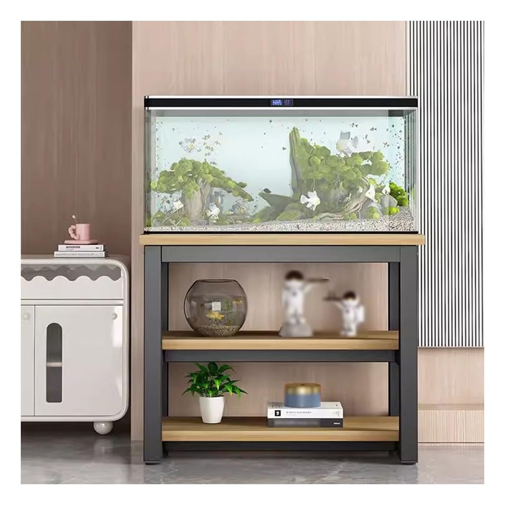 Support d'aquarium à trois niveaux avec grand rangement, noir et beige 90x40x70cm