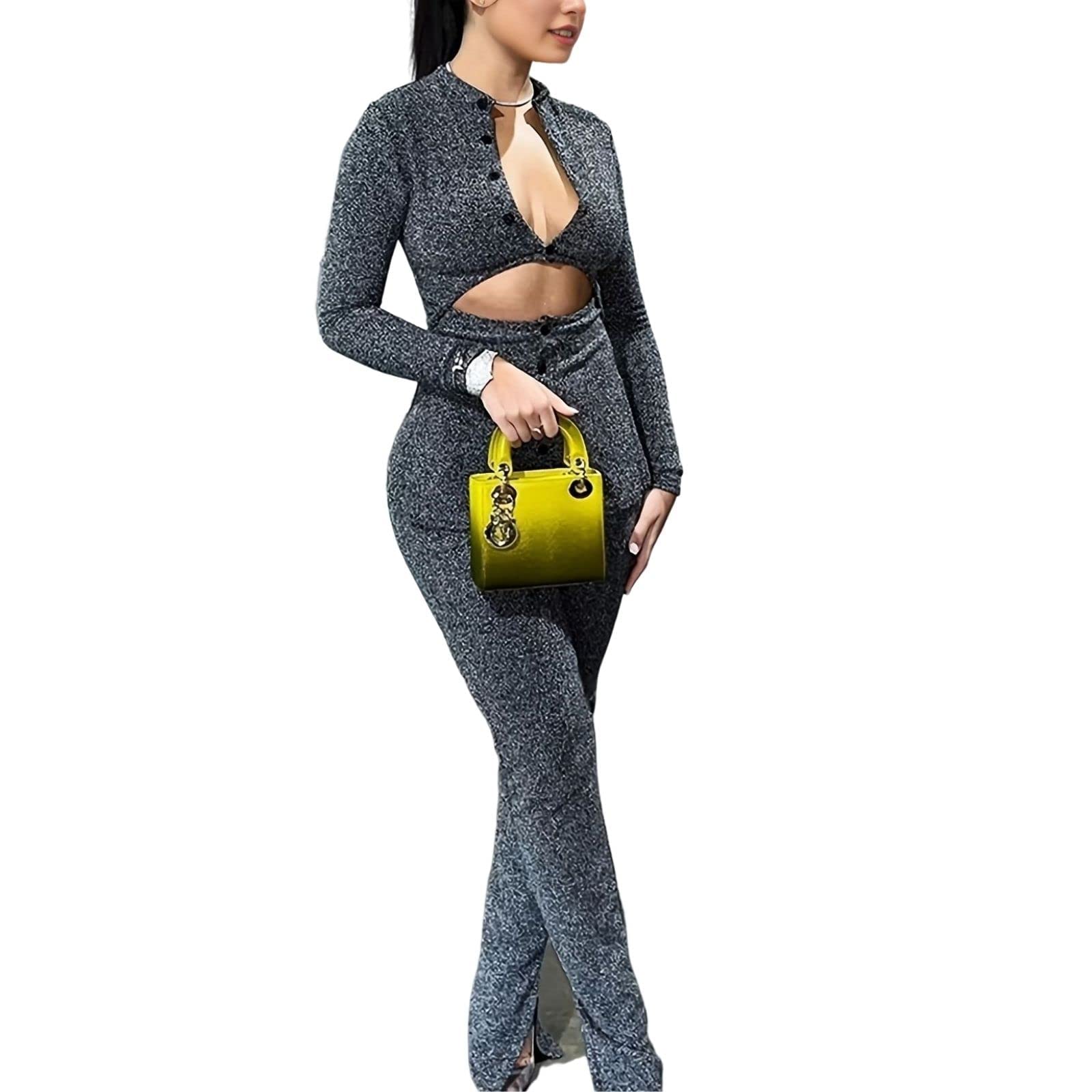 Womens 2 Piece Outfits Hollow Out Casual Lady Business Suits Button Long Sleeve Cardigan Tops High-Waist Slim Fit