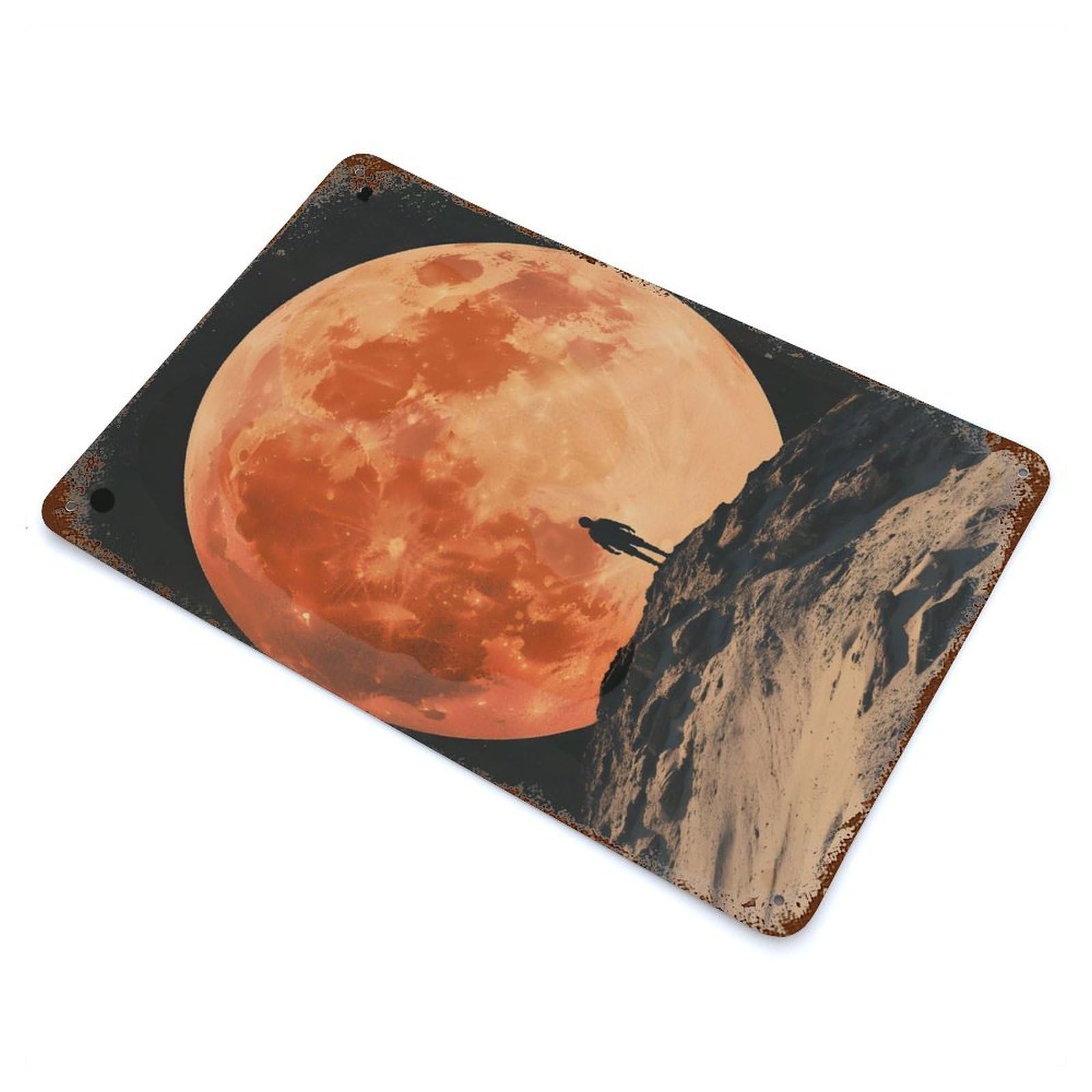 Rust Effect Silhouette Against Red Moon Distressed Metal Wall Sign 11.8"x7.9", Decorative Metal Wall Art for Living Room, Hallway And Home Decor