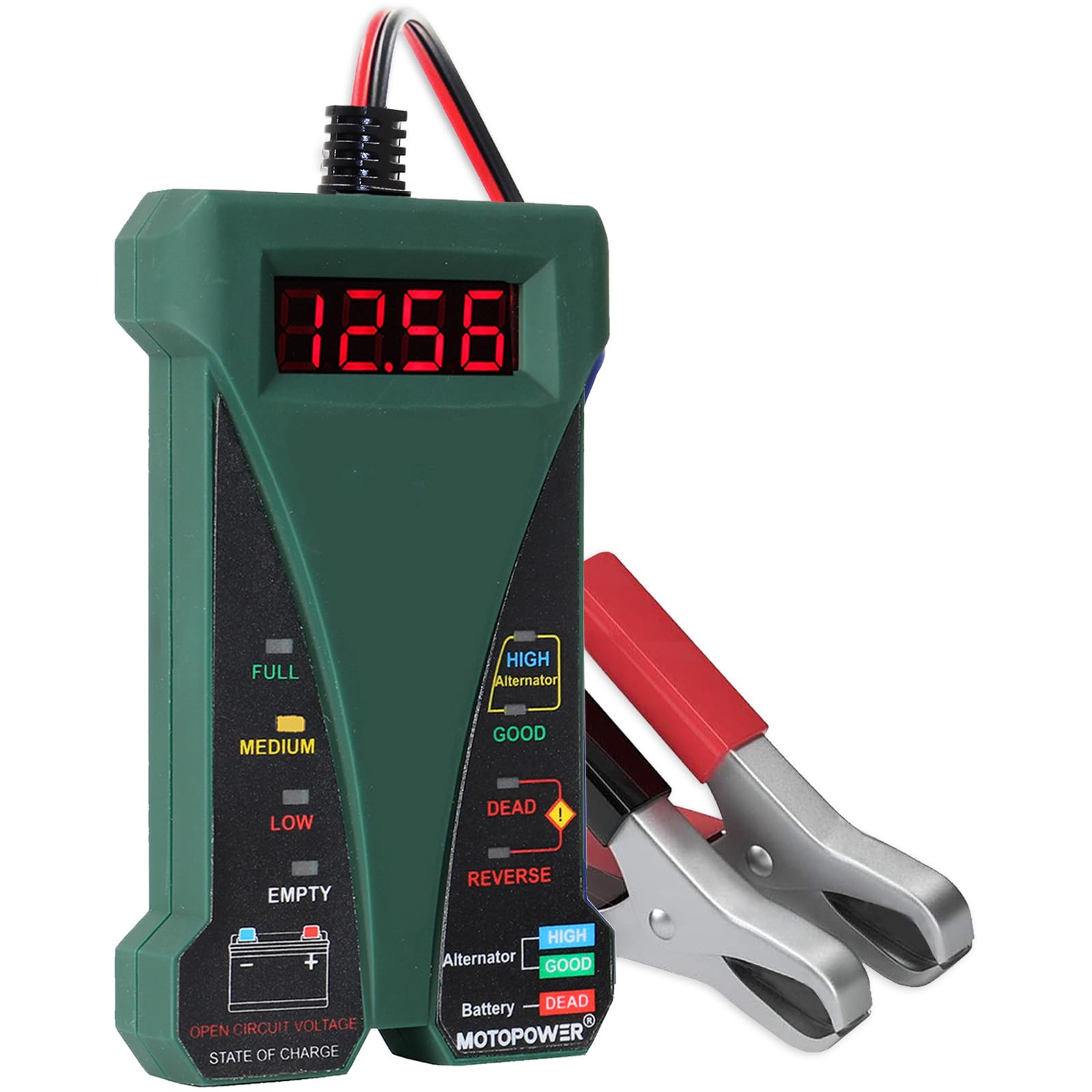 MOTOPOWER 12V Digital Battery Tester Voltmeter and Alternator Charging System Analyzer with LCD Display and LED Indication, Black Rubber Paint — view 9