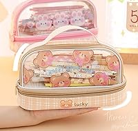 Vista 5 de JHTPSLR Estuche para lápices Kawaii grande con correa de doble capa, transparente, impermeable, lindo, estuche para lápices, bolsas para bolígrafos