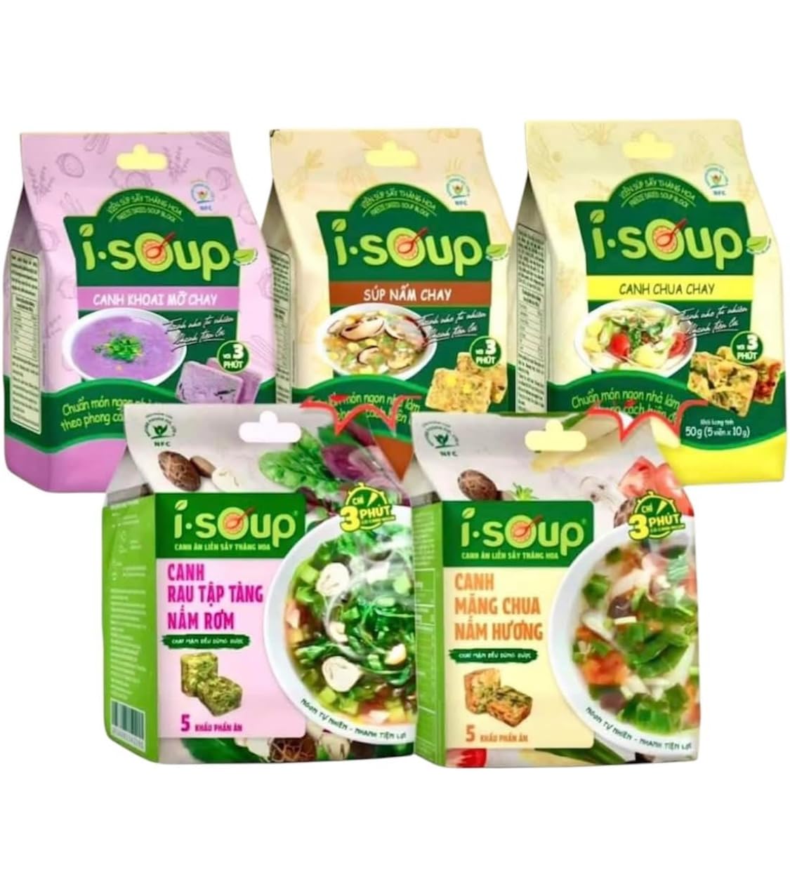 Set 5 Canh Chay I-Soup Vietnamese Instant Vegetarian Soup Mix, Variety Pack with Mushroom, Sour and Mixed Vegetables Flavors, 5 Servings per Pack