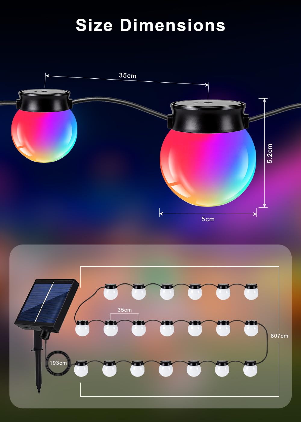 RGBIC - Catena luminosa a LED per esterni, a energia solare, 10 m, con 16 modalità di scena, dimmerabile, funziona con telecomando APP, illuminazione per giardino, balcone, gazebo, terrazza, feste