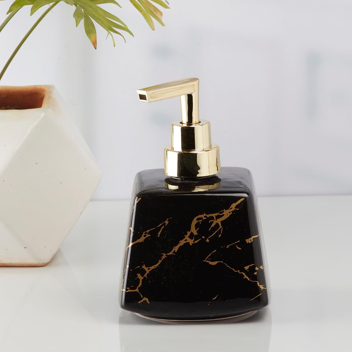 Ceramic Soap Dispenser with Stylish Refillable Pump Bottle for Bathroom Handwash & Kitchen Wash Basin, Perfect for Hand Soap, Lotion, and More, Black/Gold, (Set of 1) (10153)