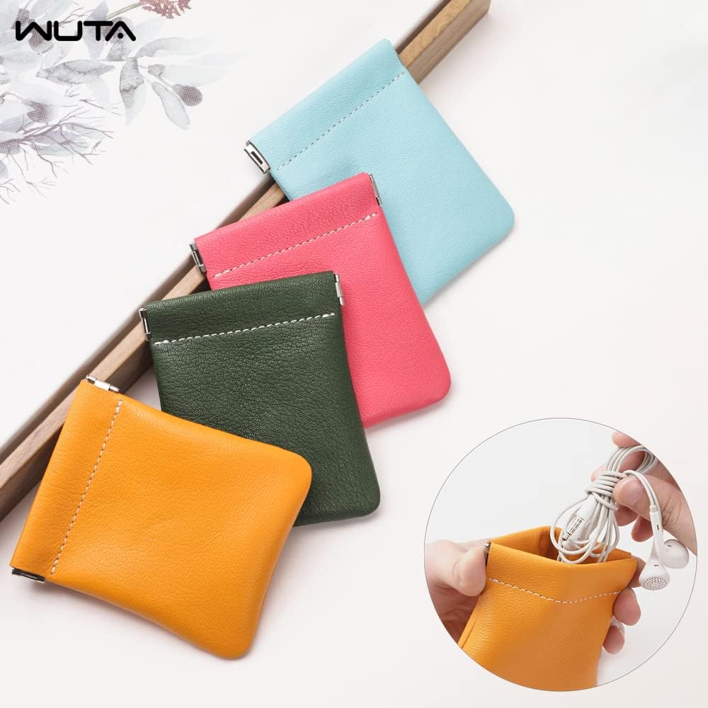 WUTA Leather Coin Purse Goatskin Squeeze Spring Lipstick Bag Pouch For Store Coins, Cards, Banknotes