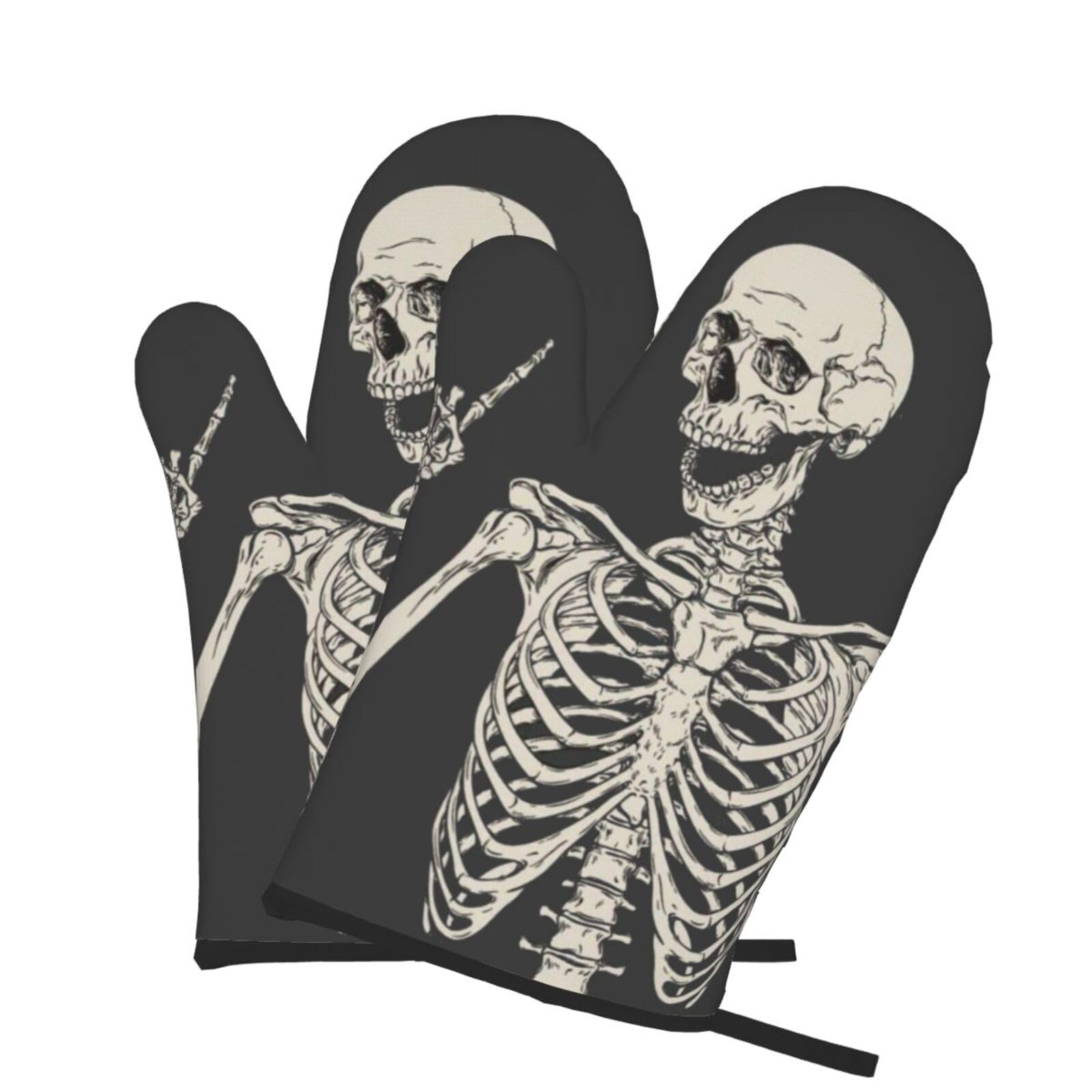Oven Mitts Set of 2 Pcs, Skull Rock Roll Skeleton Bone Prints Heat Resistant Kitchen Gloves for Cooking Baking Grilling