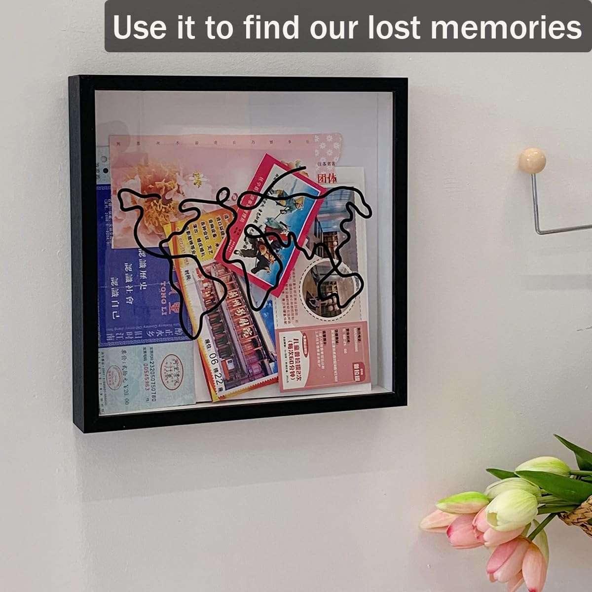 LITAITAI Travel Adventure Challenge Archive Shadow Box Picture Frame with Slot,Travel Ticket Card Memory Box for Keepsake Box,Top Loading Shadow Box Display Case Travel Gift (Black, 8x8)