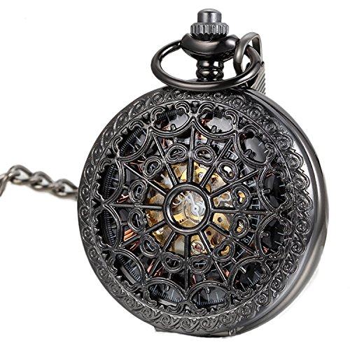 Avaner Unisex Antique Steampunk Black Skeleton Spider Web Pattern Hand Wind Mechanical Movement Roman Numeral Pocket Watch Gift with 14 inches Chain steampunk buy now online