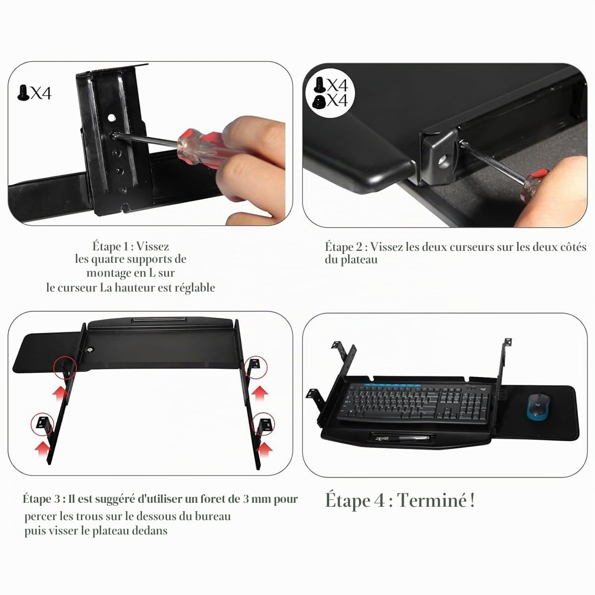 Plateau Pour Clavier Sous Le Bureau, Plate-Forme De Souris Rotative à 360°, étagère Pour Clavier Coulissante, Plateau Pour Clavier Sous Le Bureau En Acier Coulissant, Clavier Monté Sous Le Bureau