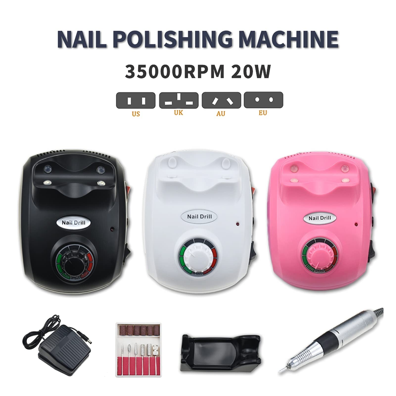 Taladro de uñas 20W 35000RPM Taladro de uñas Máquina de manicura eléctrica Máquina de Arte de uñas Equipo de aparatos Cortador de Lima de uñas eléctrico para Porta uñas