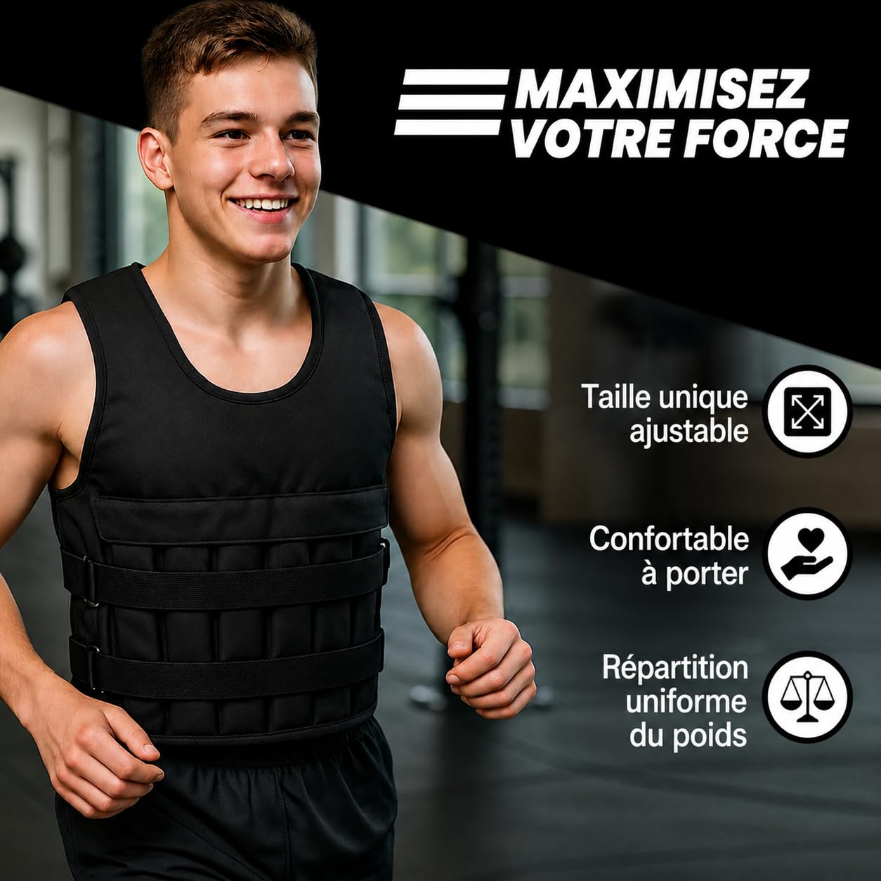 Gilet lesté de 10 kg réglable avec poids amovibles, gilet d'entraînement pour musculation, crossfit, cardio, course à pied, noir